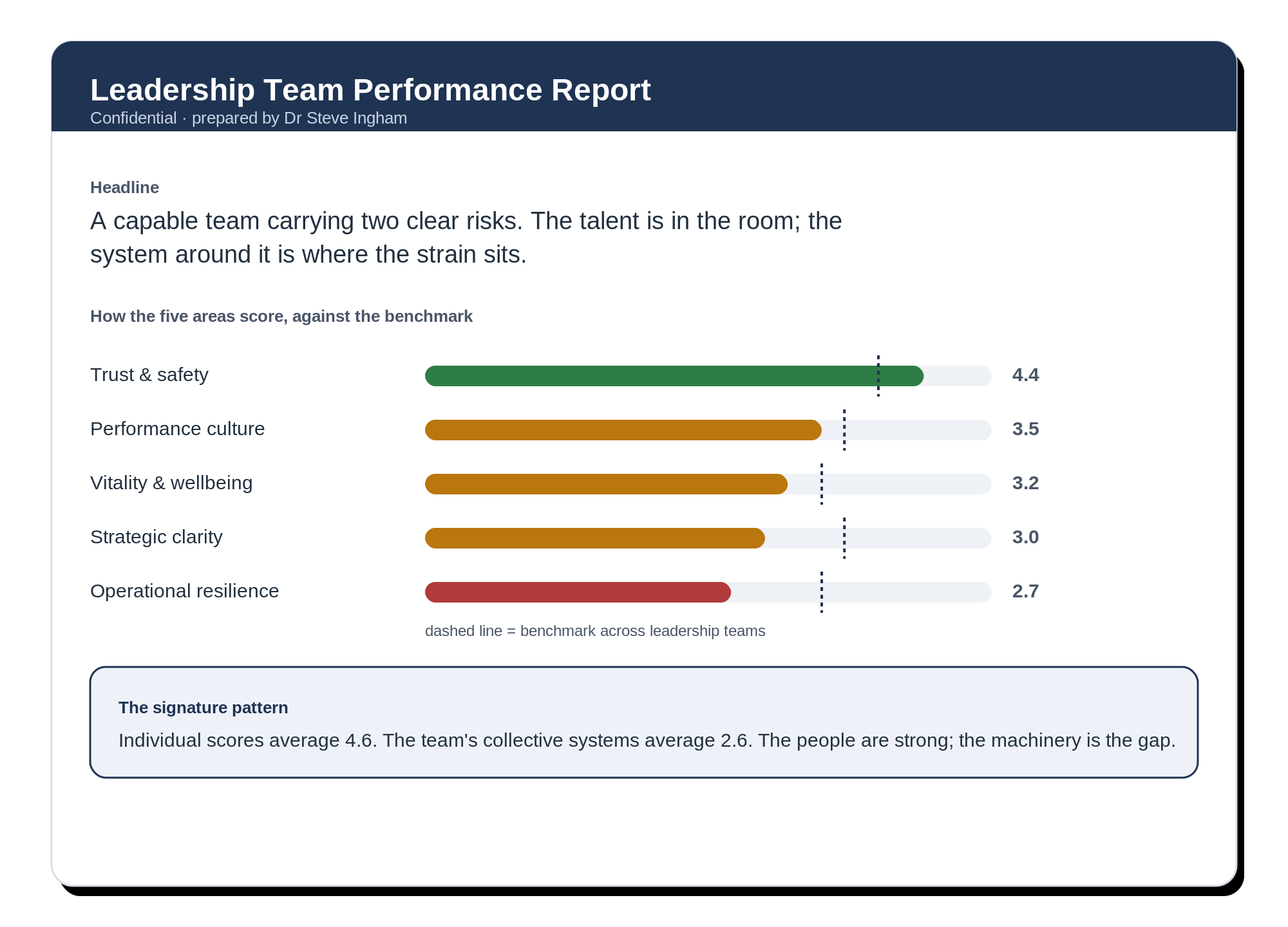An anonymised example of the leadership team performance report