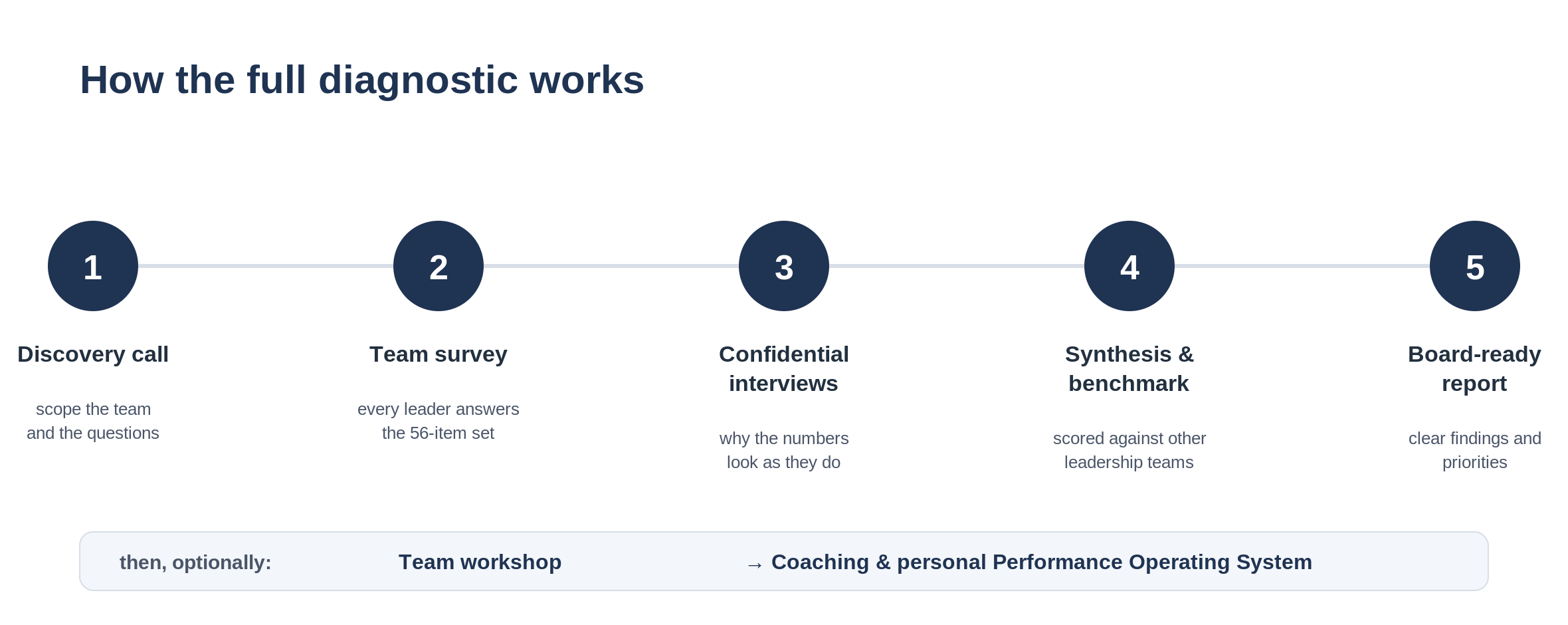 How the full diagnostic works: discovery call, team survey, confidential interviews, synthesis and benchmark, board-ready report, then optionally workshop and coaching